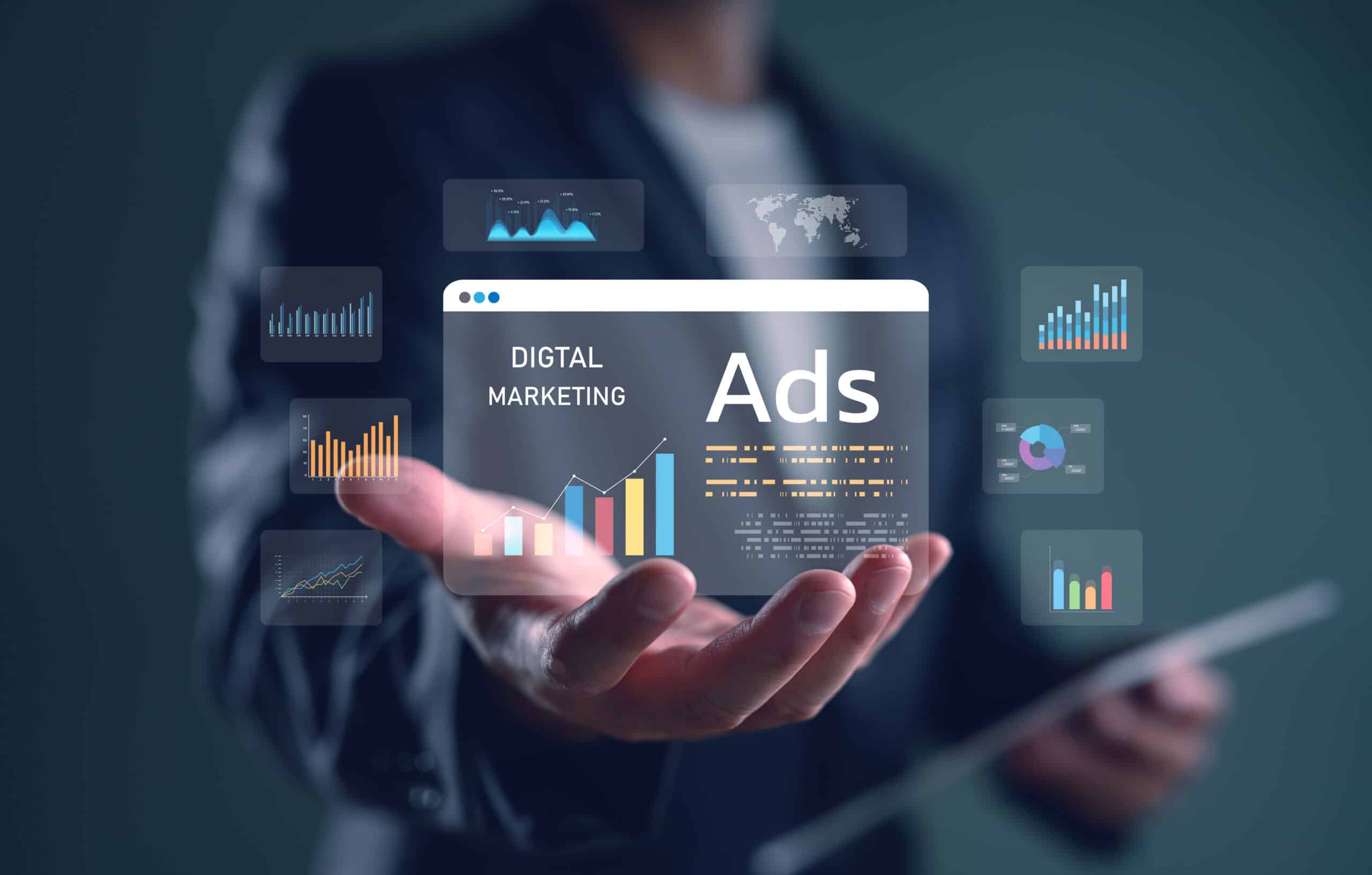 Digital marketing ads concept showing a businessman with floating analytics and advertising dashboard. Perfect for online advertising, social media strategy, SEO, PPC, and growth campaigns.