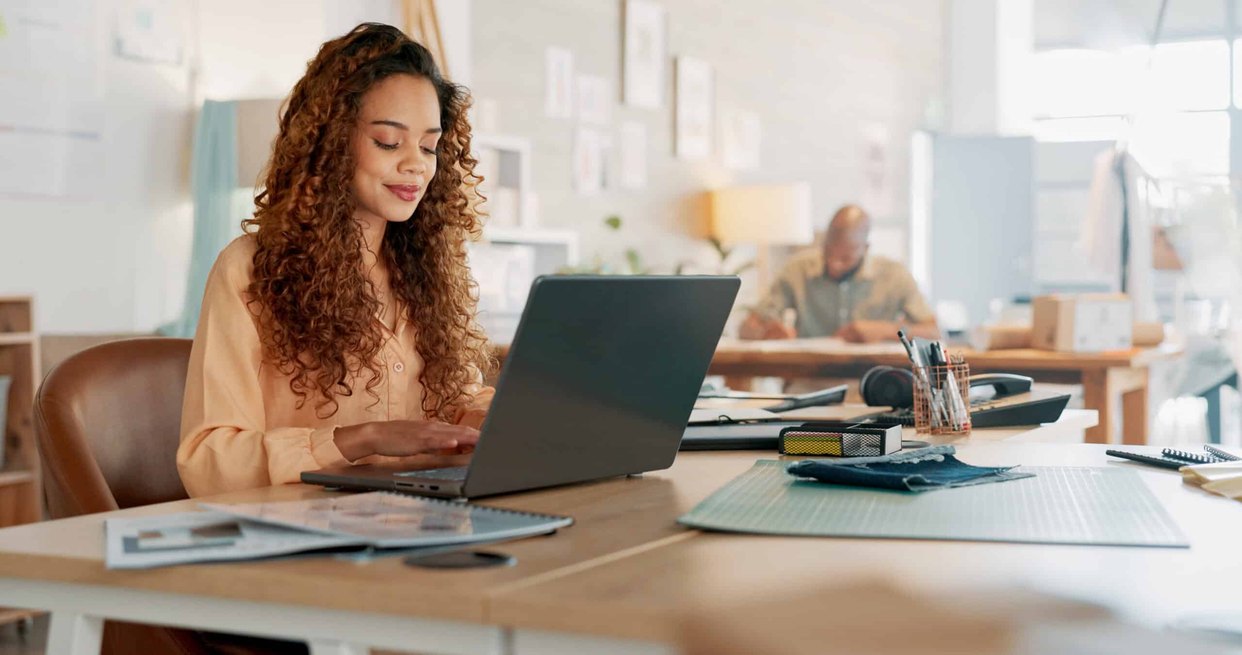 Startup black woman, laptop or documents for research, data analysis or planning creative marketing strategy for KPI growth. Tech, networking or website search for SEO analytics or corporate report.