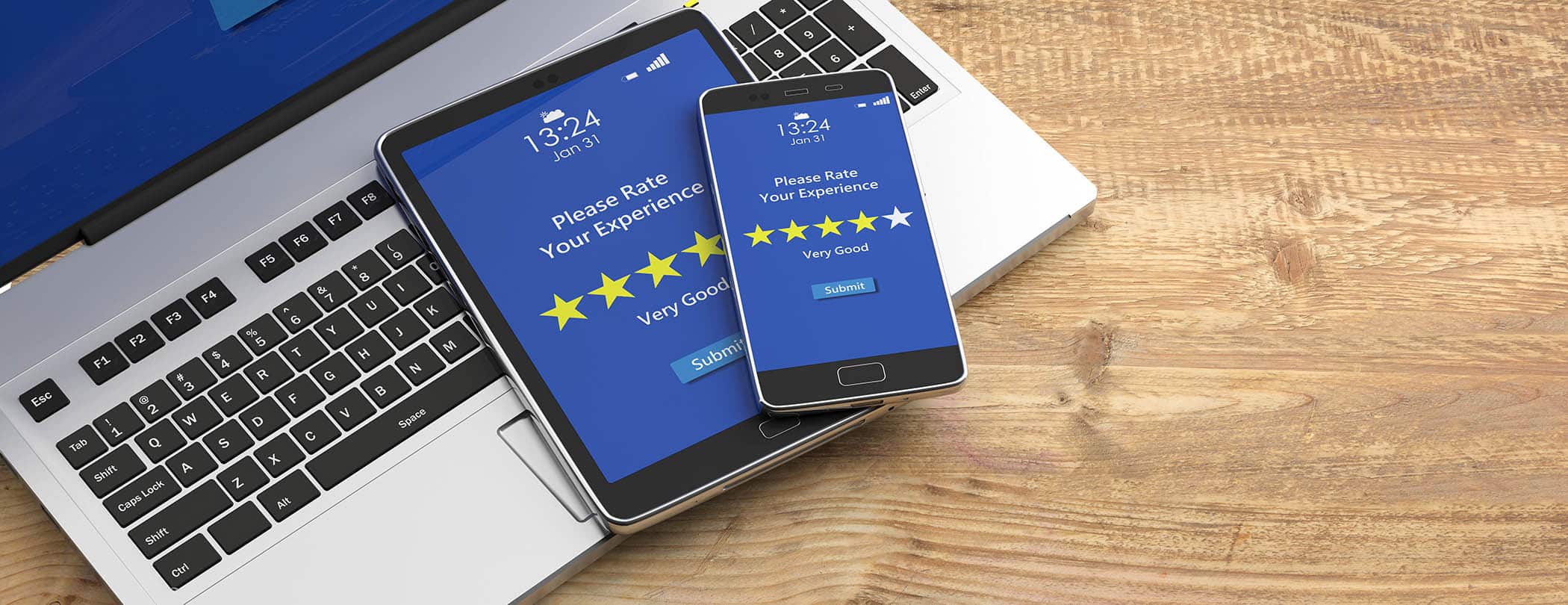Very good rating on devices screens, wooden background, banner.