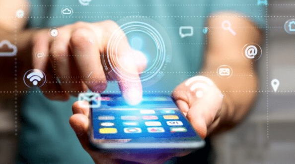 Businessman using a smartphone with a Contact icon surrounding by app and social icon - 3d render