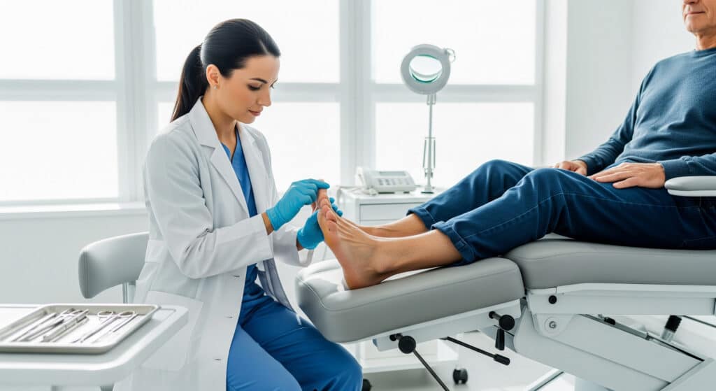 Podiatrist examining patient's foot